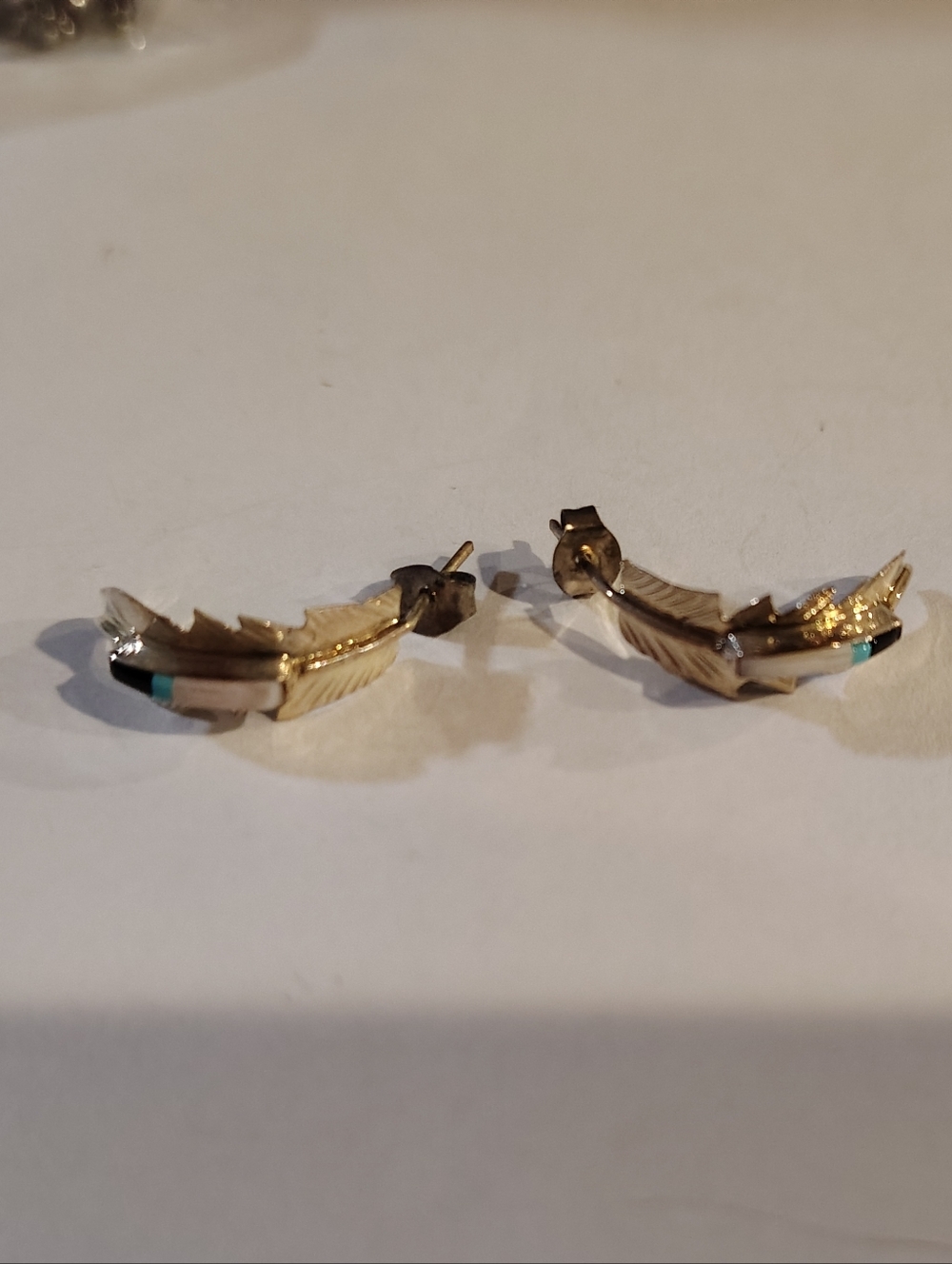 Gold Tone Feather Stud Earrings with Turquoise Accent